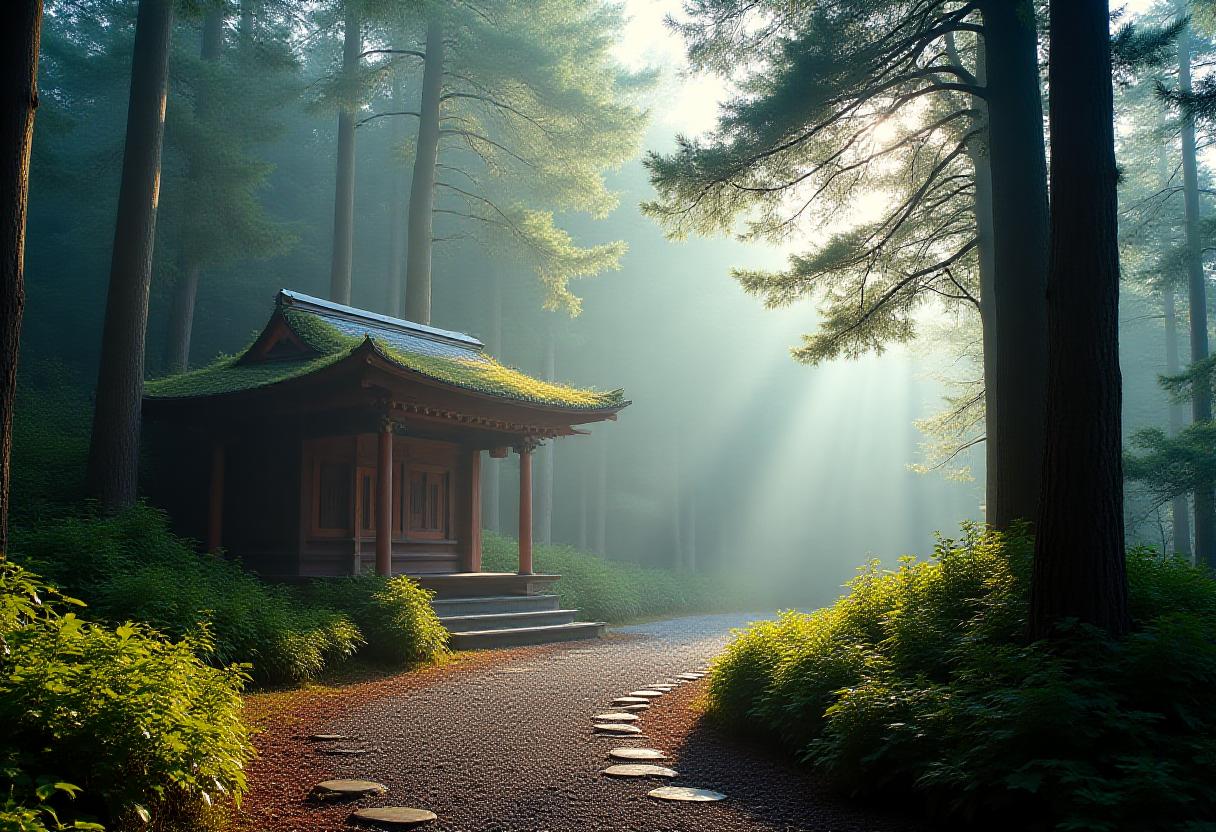 日本の山岳地帯にある静かな神社の風景